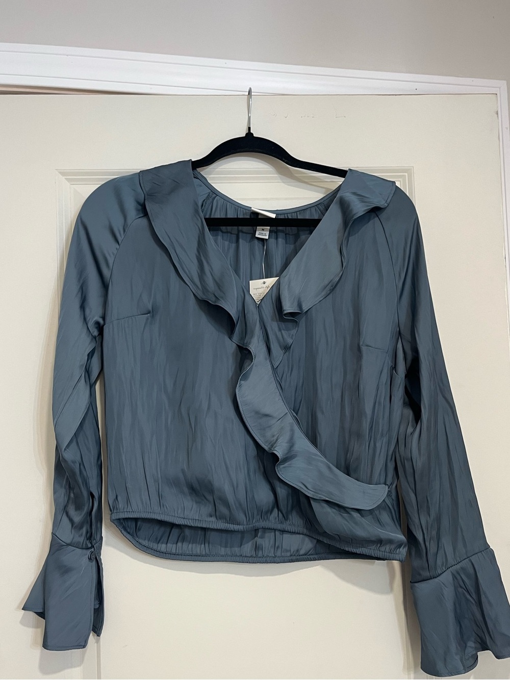 a new day Ruffle Front Long Sleeve Blouse - Slate Blue - Picture 1 of 6